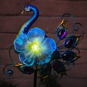 Solar Peacock Flower Embedded Jewel Tail Stake, Yard Art, Garden Decor